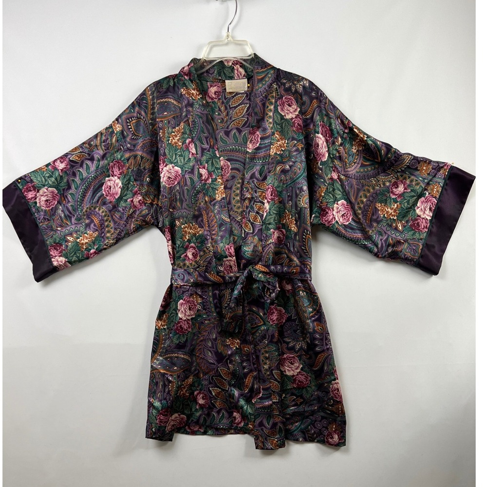 California Dynasty Robe Womens Medium Purple Floral Paisley Satin Wrap Kimono